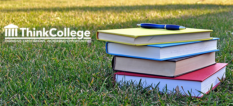 academic books on grass with think college logo